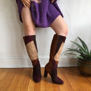 Patchwork Knee High Zip-up Boots